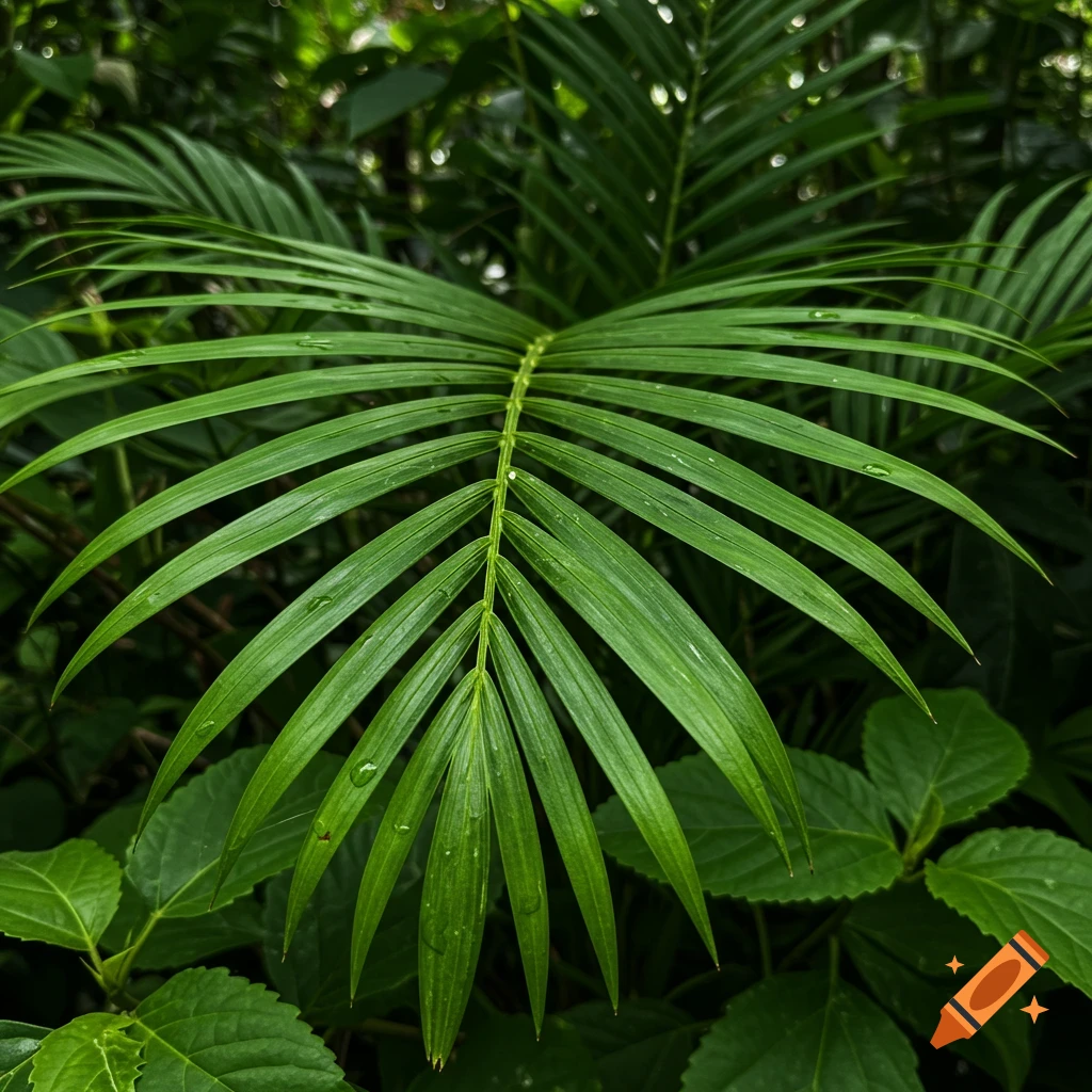 Close-up of a vibrant green palm leaf with water droplets in a lush jungle setting.