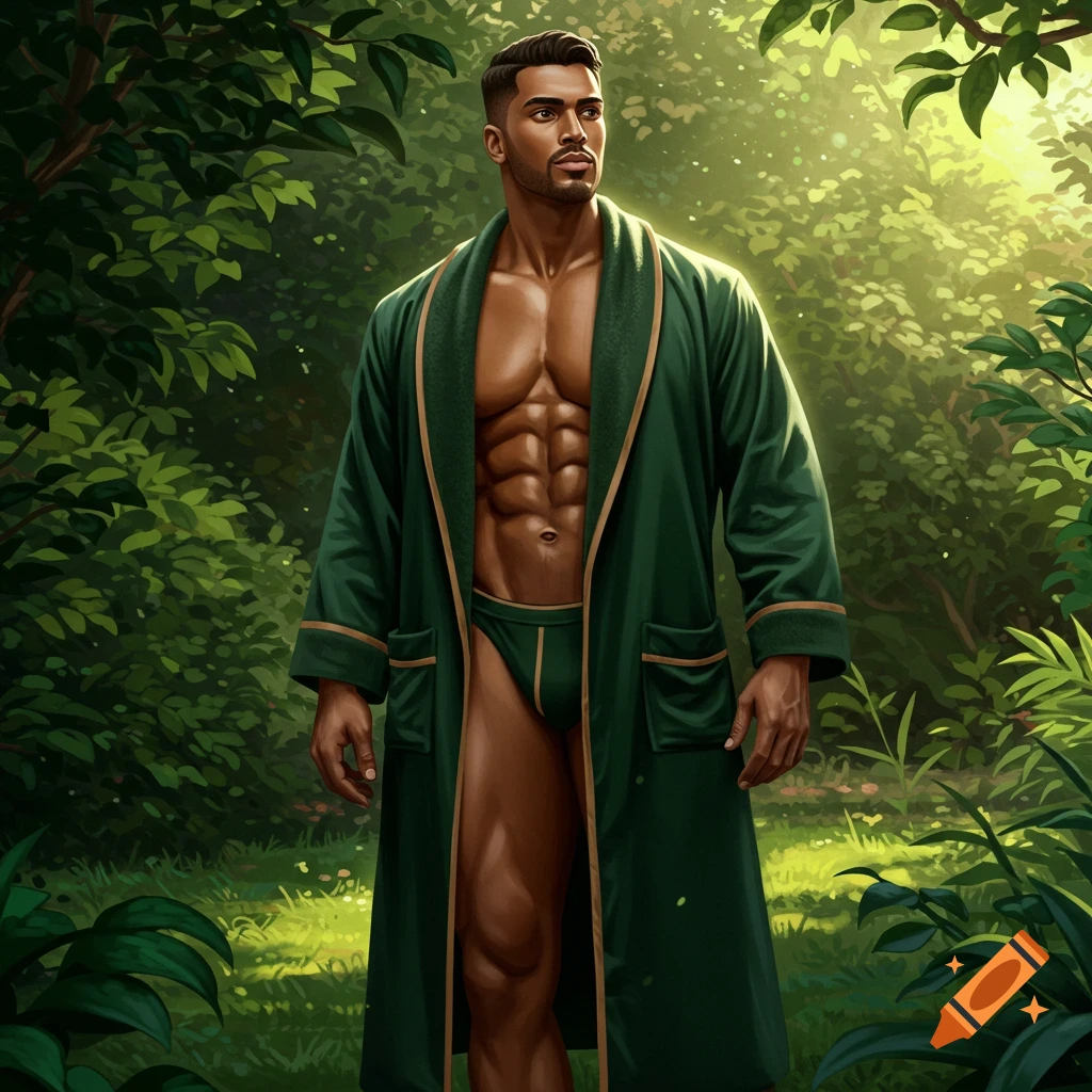 Muscular man in an open dark green bathrobe and briefs stands in a lush green forest with dappled sunlight.