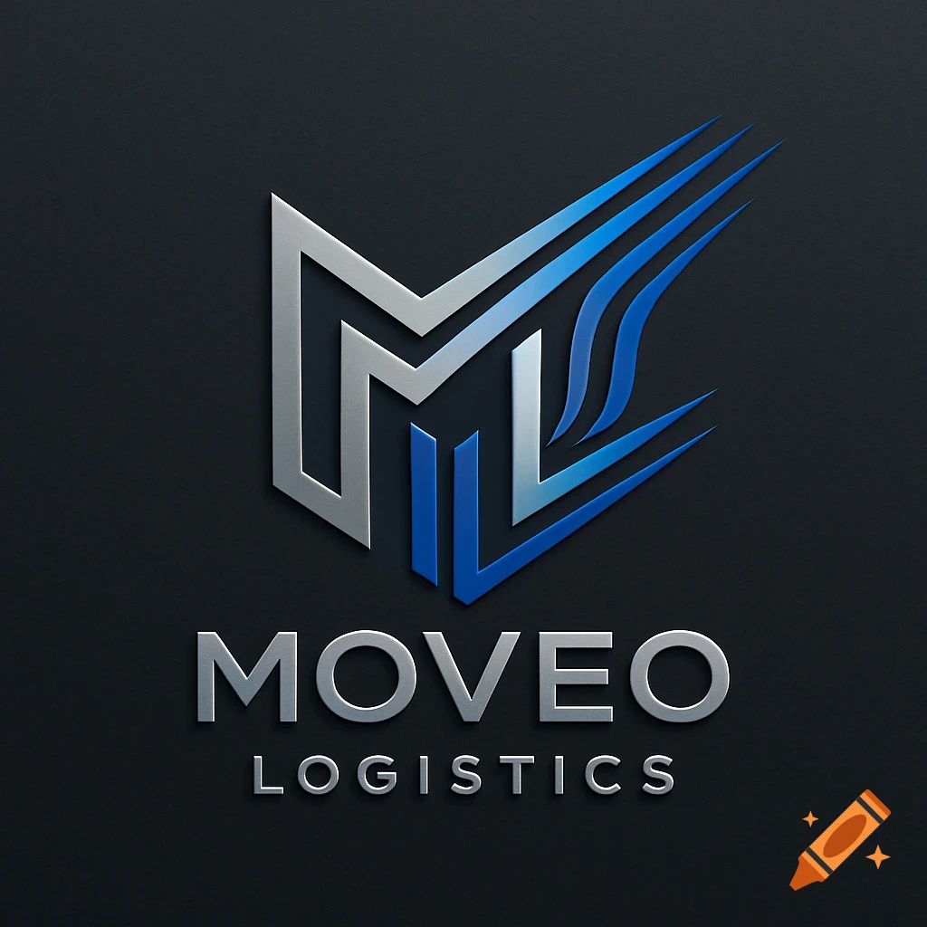 Silver and blue metallic logo for MOVEO LOGISTICS, featuring an abstract "ML" shape above the company name on a dark background.