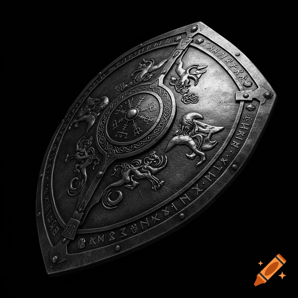 Ornate, dark metallic fantasy shield with Norse-style carvings and runes, viewed diagonally against a black background.