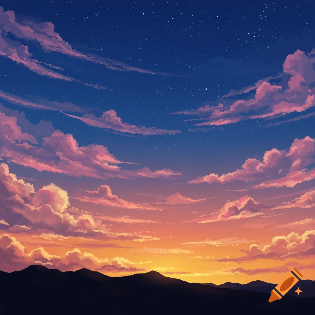 Anime-style sunset with vibrant pink and orange clouds, a dark blue starry sky, and silhouetted mountains.