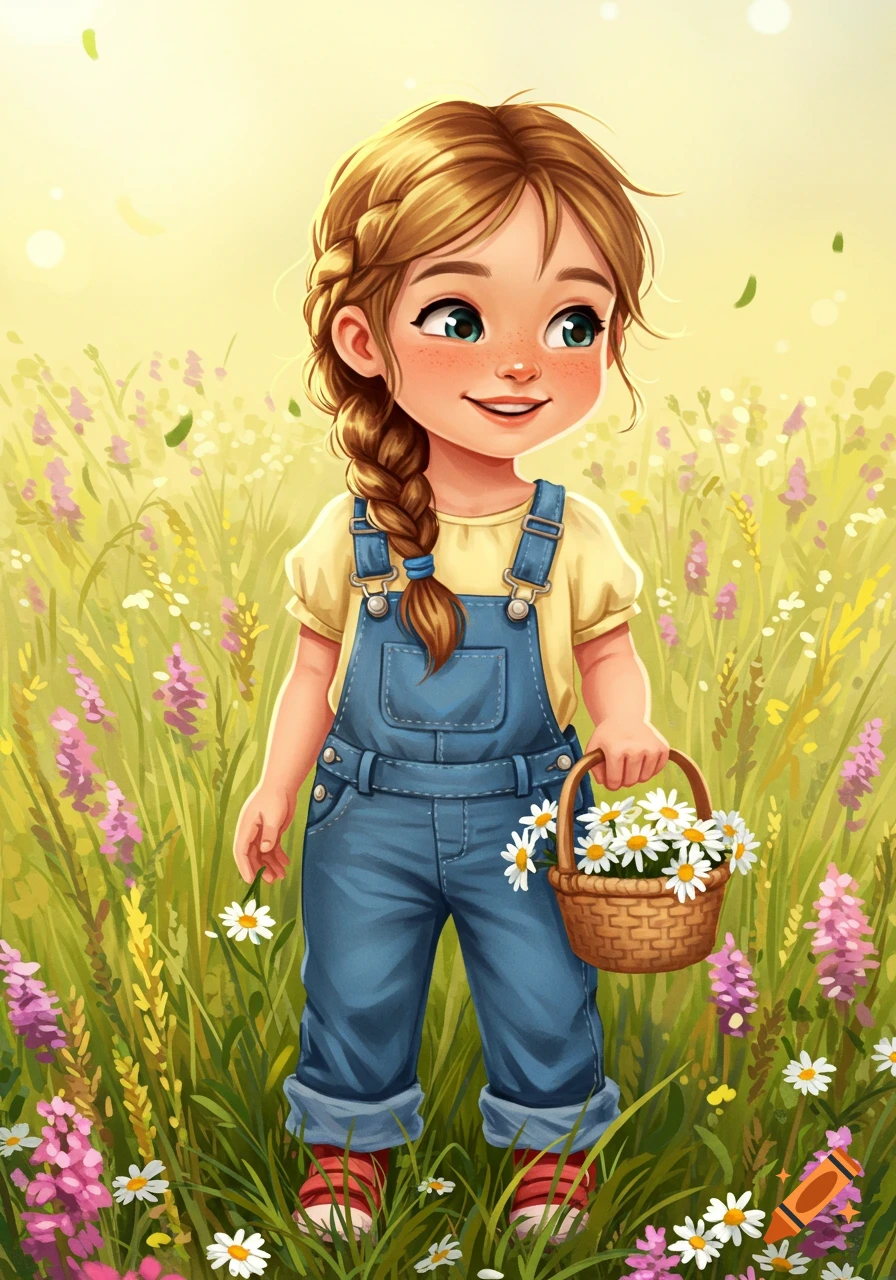 Smiling cartoon girl with a braid in blue overalls holding a basket of daisies in a sunny wildflower field.
