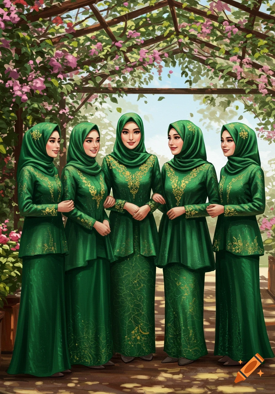 Illustrated image of five women in green hijabs and traditional emerald dresses standing under a flowering garden pergola.
