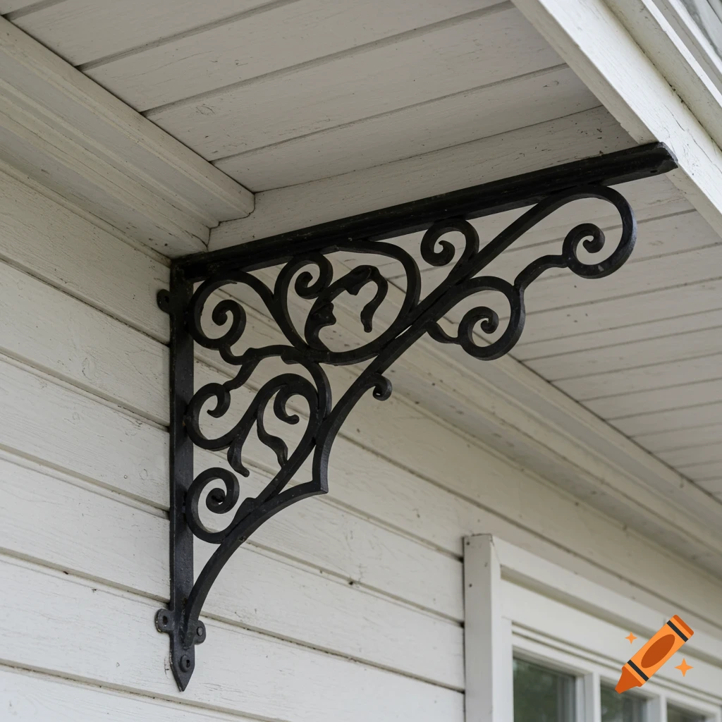 Close-up of an ornate black wrought iron decorative bracket on a white wooden house, showcasing intricate scrollwork.