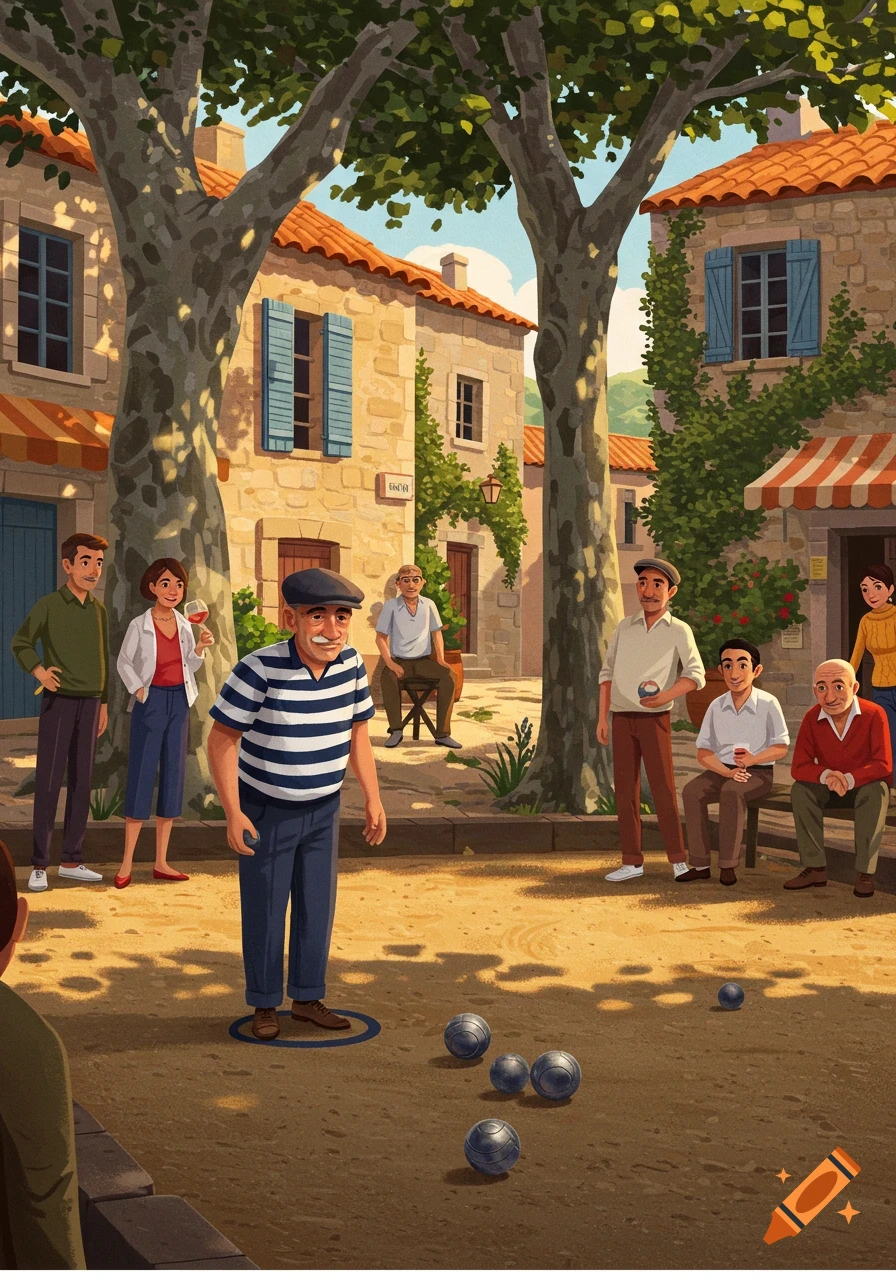 An illustration of people playing pétanque in a sunny village square with stone buildings and large trees.