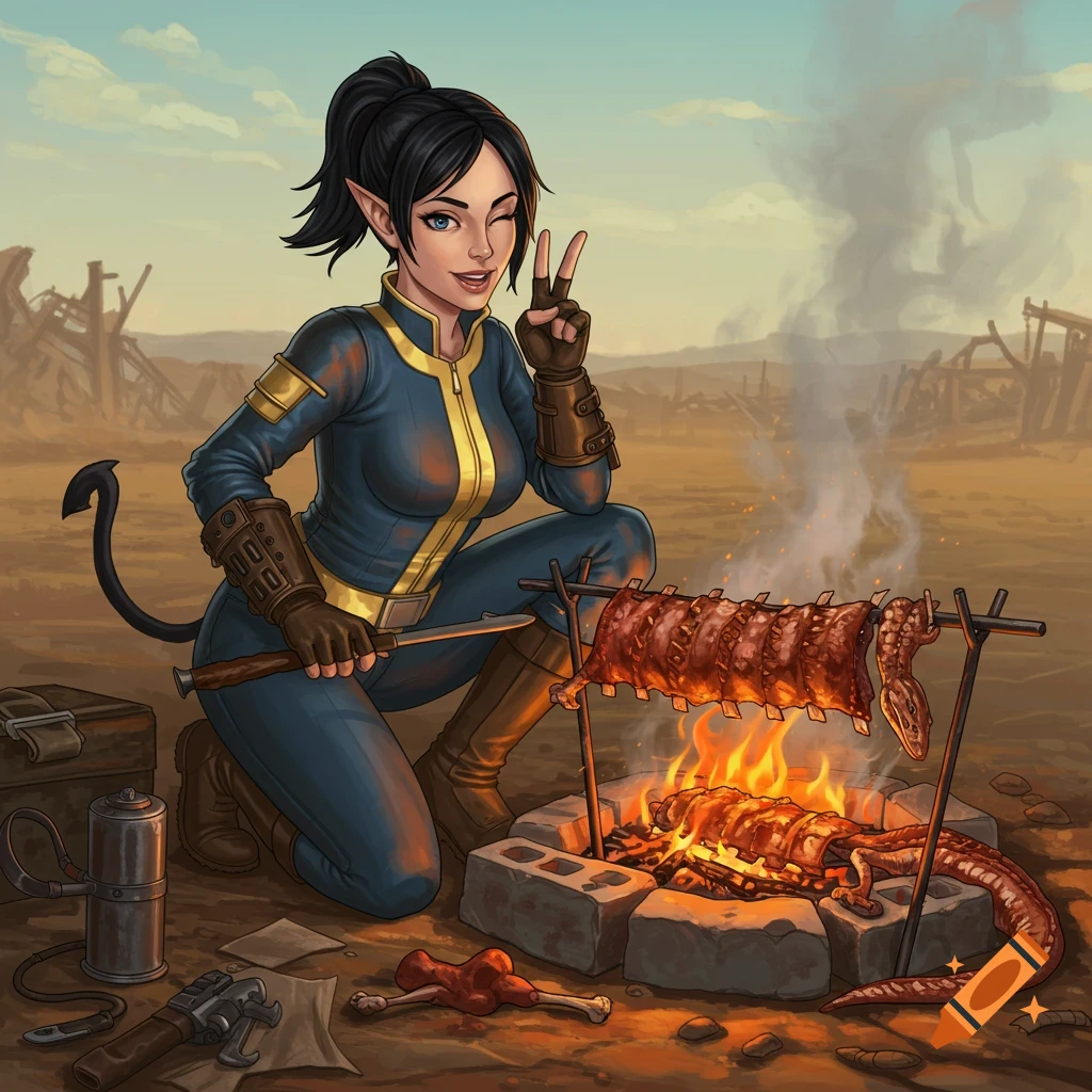 Female character in a Vault suit winks, makes a peace sign, and cooks ribs and a lizard over a campfire in a wasteland.