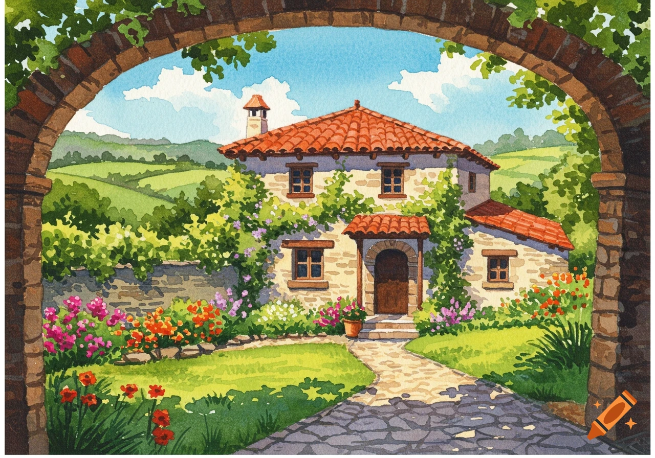 Watercolor painting of a rustic house with a red roof, surrounded by a colorful garden and green hills, framed by a brick archway.