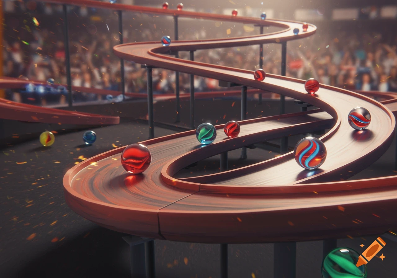 Colorful marbles race down a winding wooden track in a stadium with a blurred crowd, photorealistic style.