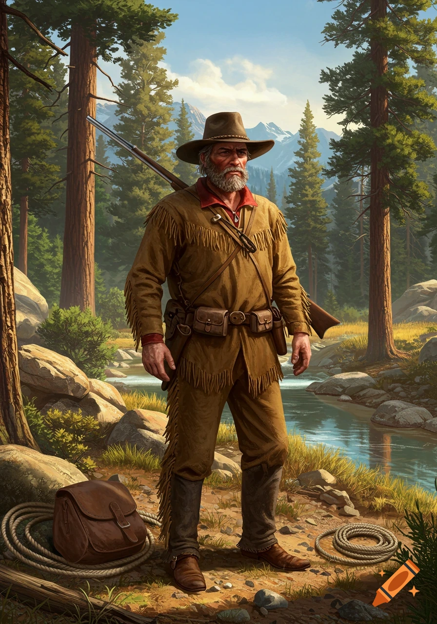 A rugged trapper in buckskin attire with a rifle stands by a river in a pine forest with mountains under a blue sky.