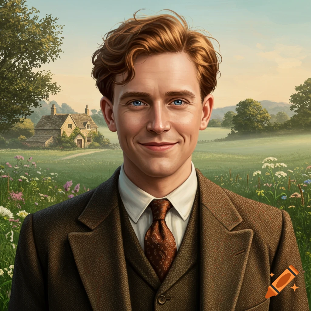 A smiling man with reddish hair and blue eyes in a brown suit, stands in a flowery field with a stone cottage in the background.