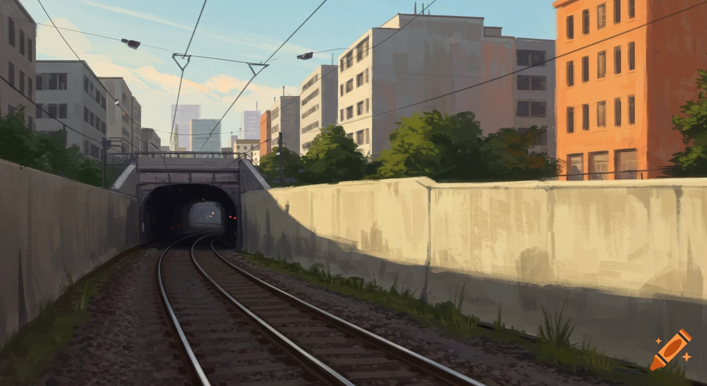 A painted cityscape features train tracks leading into a tunnel, flanked by a concrete wall and multi-story buildings under a blue sky.