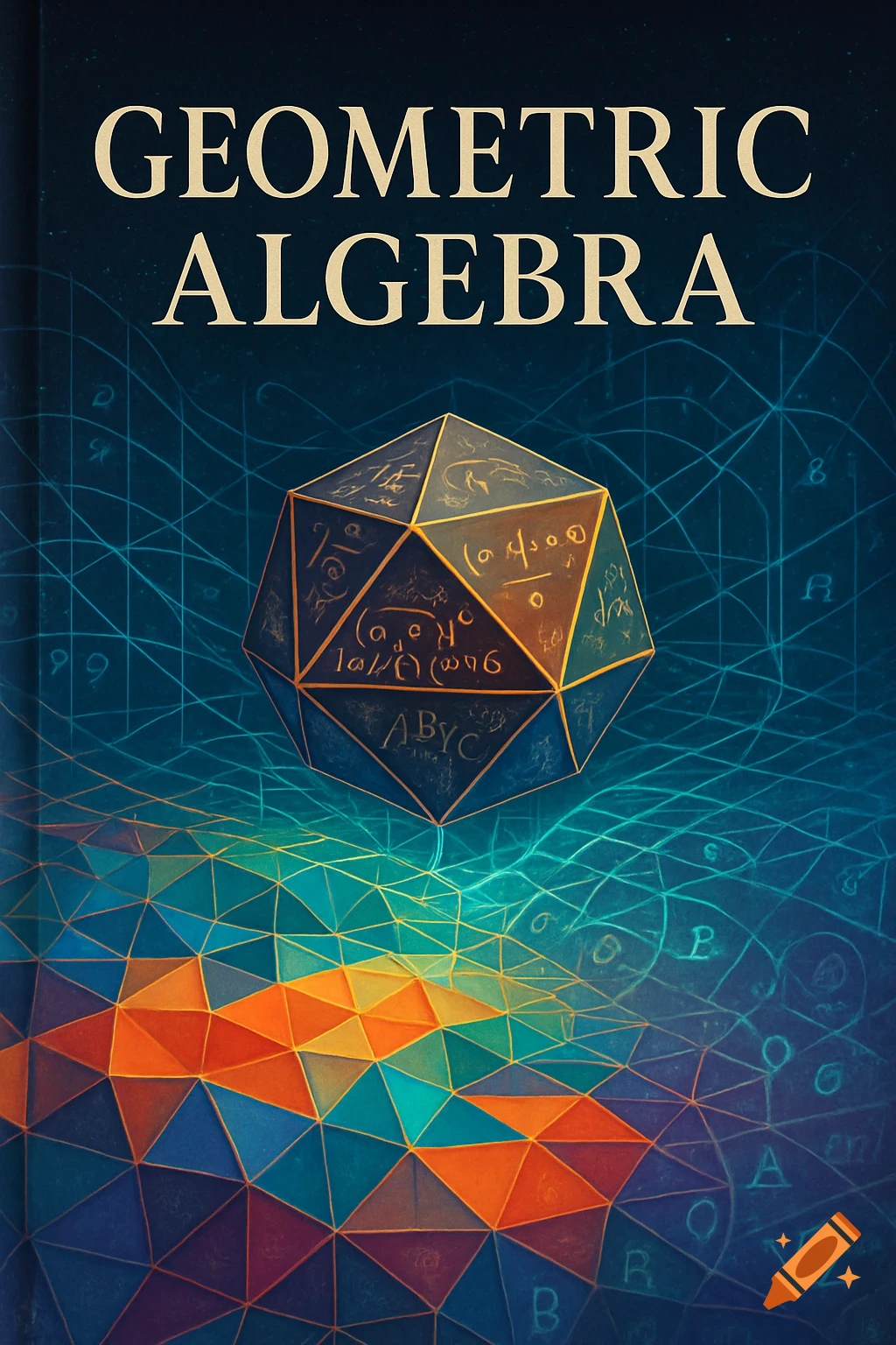 A dark blue book cover with 'GEOMETRIC ALGEBRA' in gold text, featuring a detailed golden dodecahedron with faint equations on a geometric grid pattern.