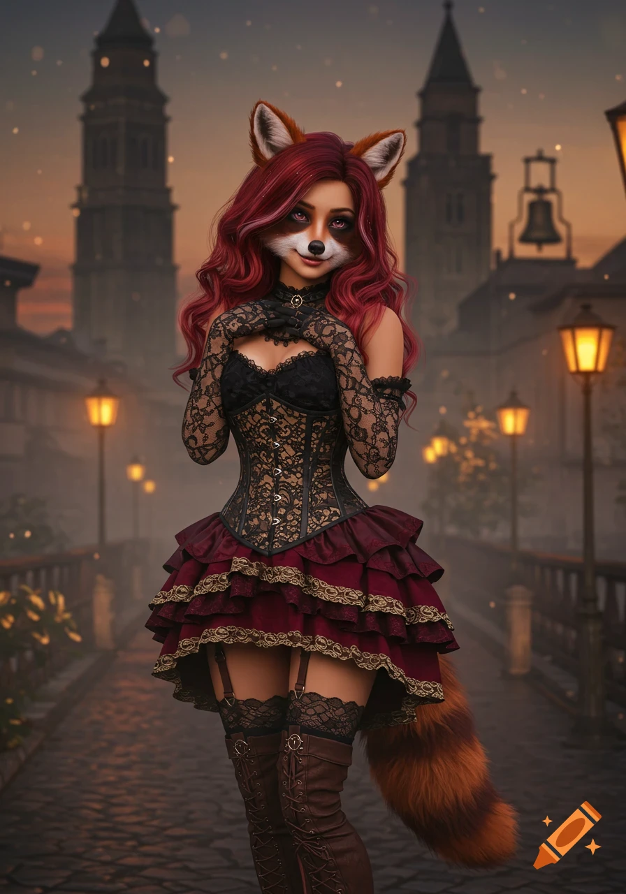 Photorealistic fantasy vixen in a steampunk dress with a corset and lace gloves, standing in a Victorian Gothic city at dusk.