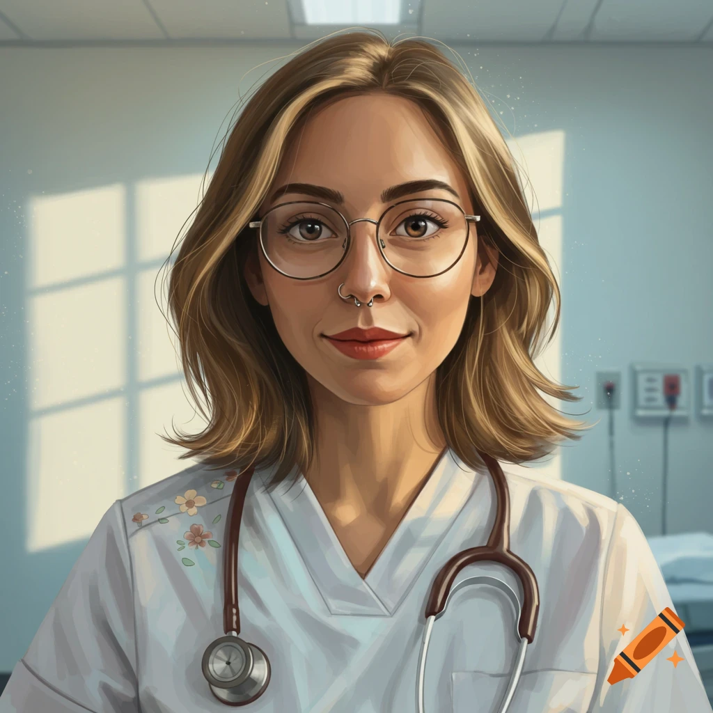 A digital art portrait of a female nurse with blonde hair, glasses, and a nose piercing, wearing scrubs and a stethoscope in a medical setting.