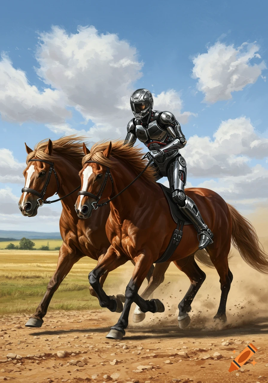 A futuristic rider in a metallic suit races across a field on two brown horses, kicking up dust.