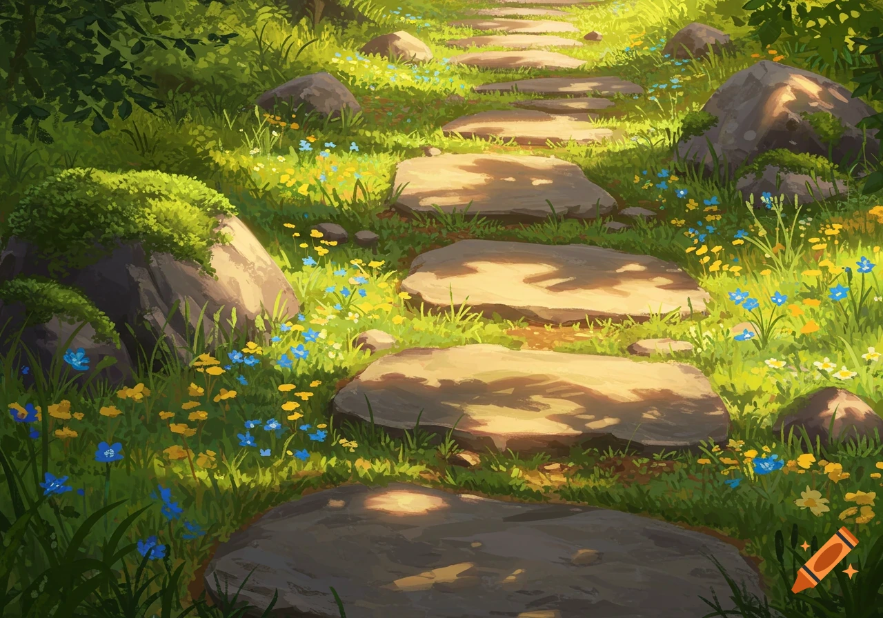 A whimsical stone path winding through a sunlit forest, surrounded by green grass and colorful wildflowers in an art style.