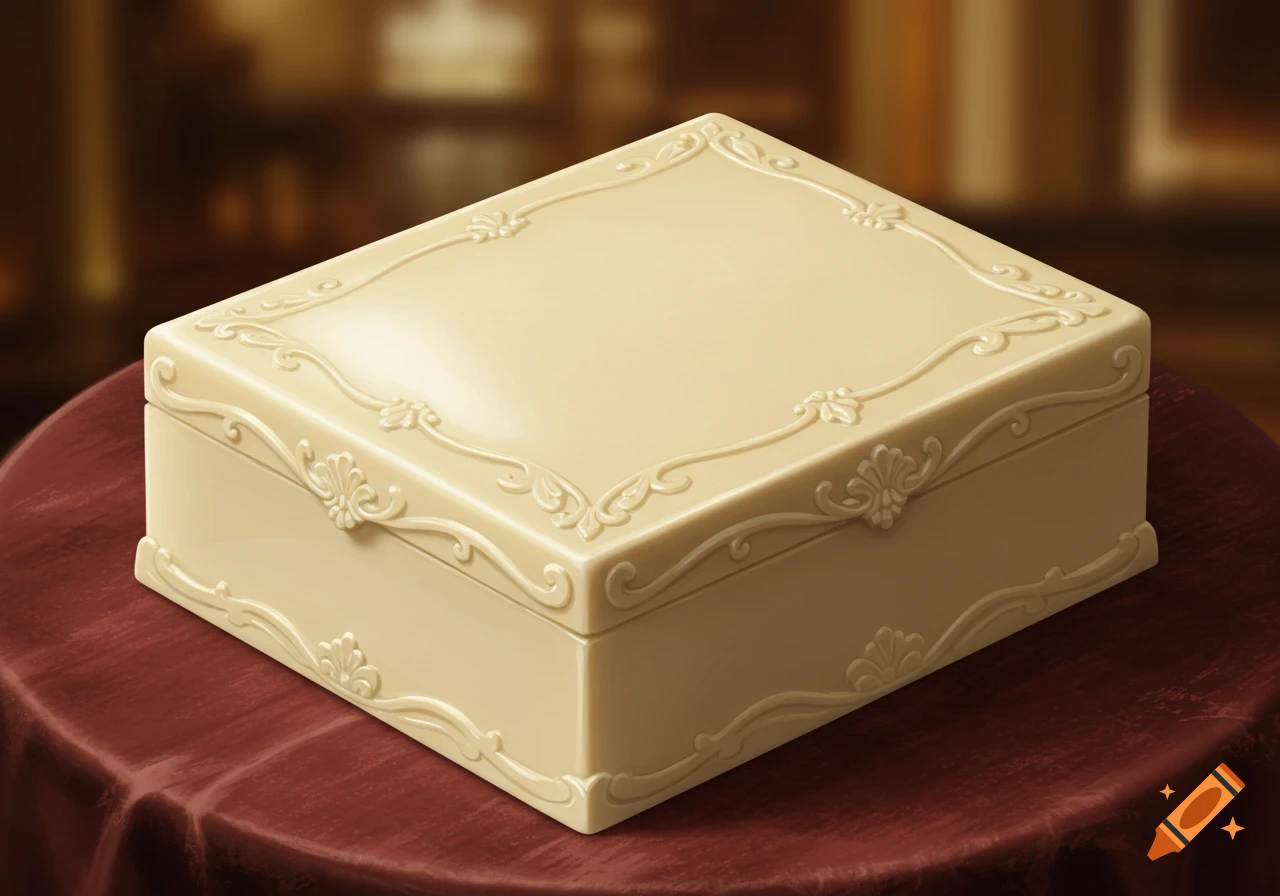 A decorative light beige box with ornate swirls sits on a red tablecloth.