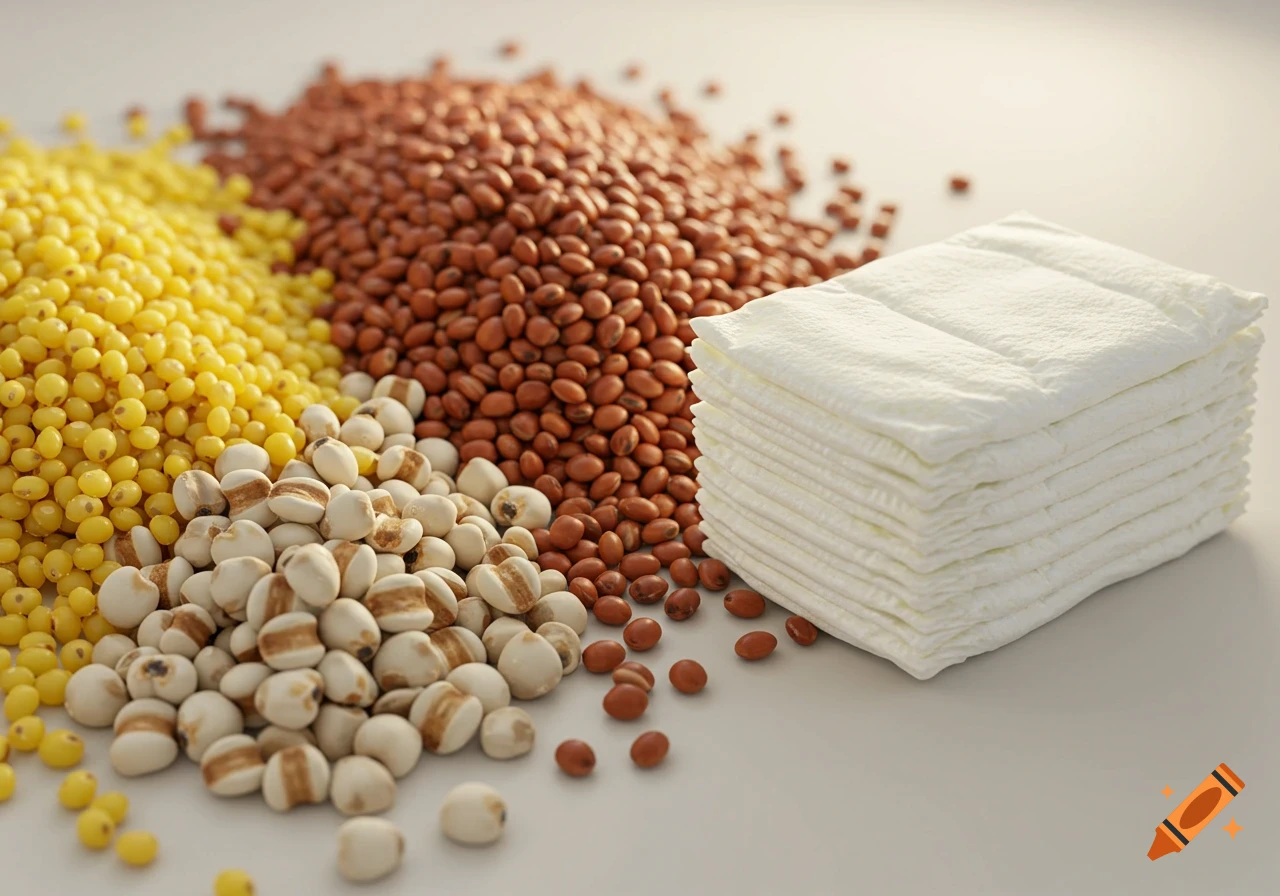 Piles of yellow, white, and red millet next to a stack of white folded diapers on a light background.