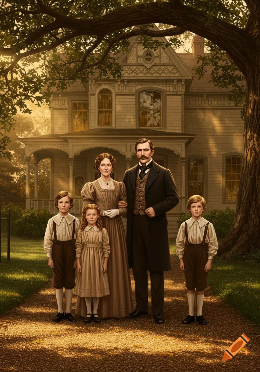 A formal Victorian family, two adults and two children, pose on a gravel path in front of a grand house, bathed in golden sunlight filtering through trees.