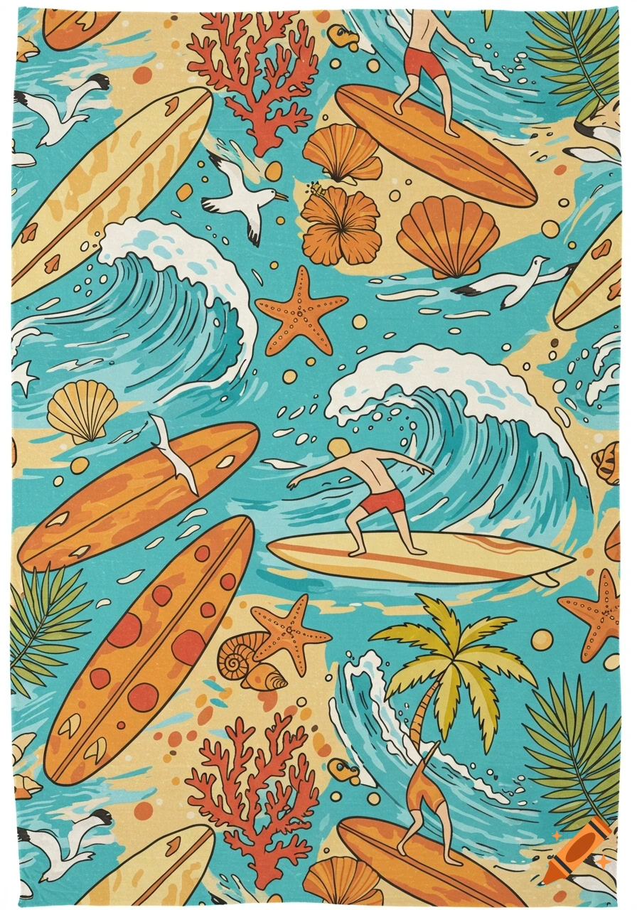 A vibrant, cartoon-style pattern featuring surfers on waves, surfboards, seashells, starfish, coral, and palm fronds on a sandy beach.
