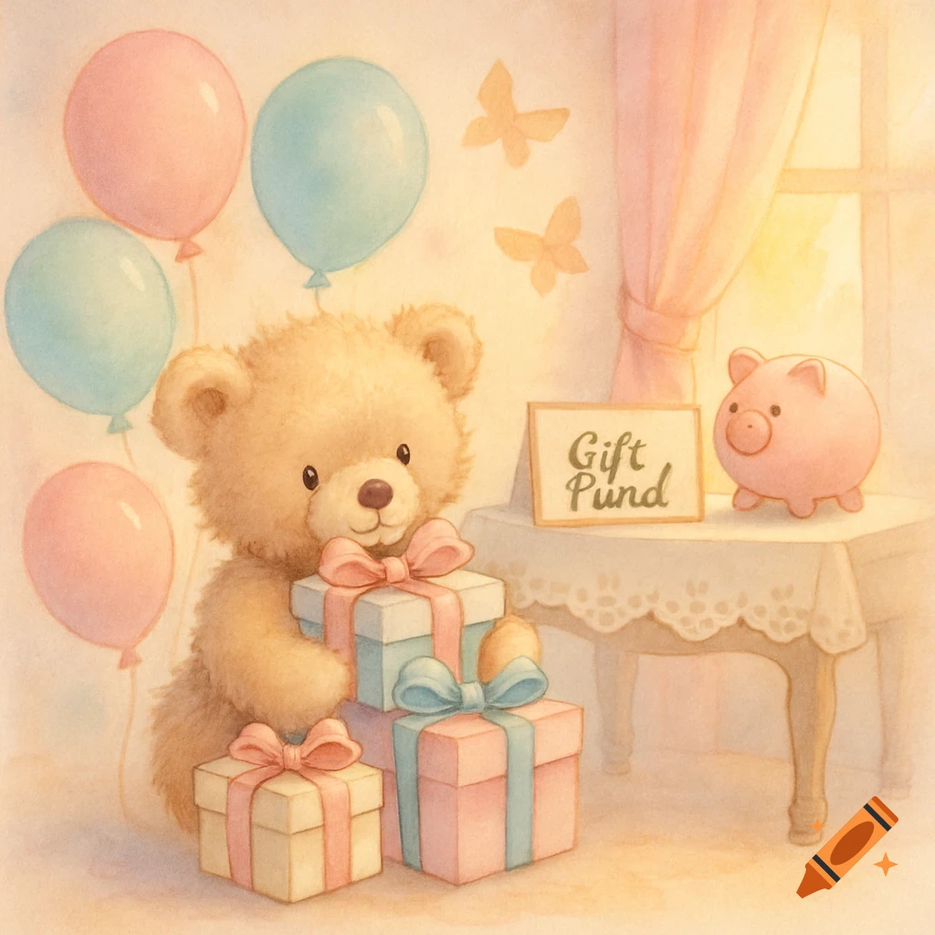 A pastel watercolor illustration of a teddy bear with gifts and balloons, next to a 'Gift Pund' sign and a piggy bank.