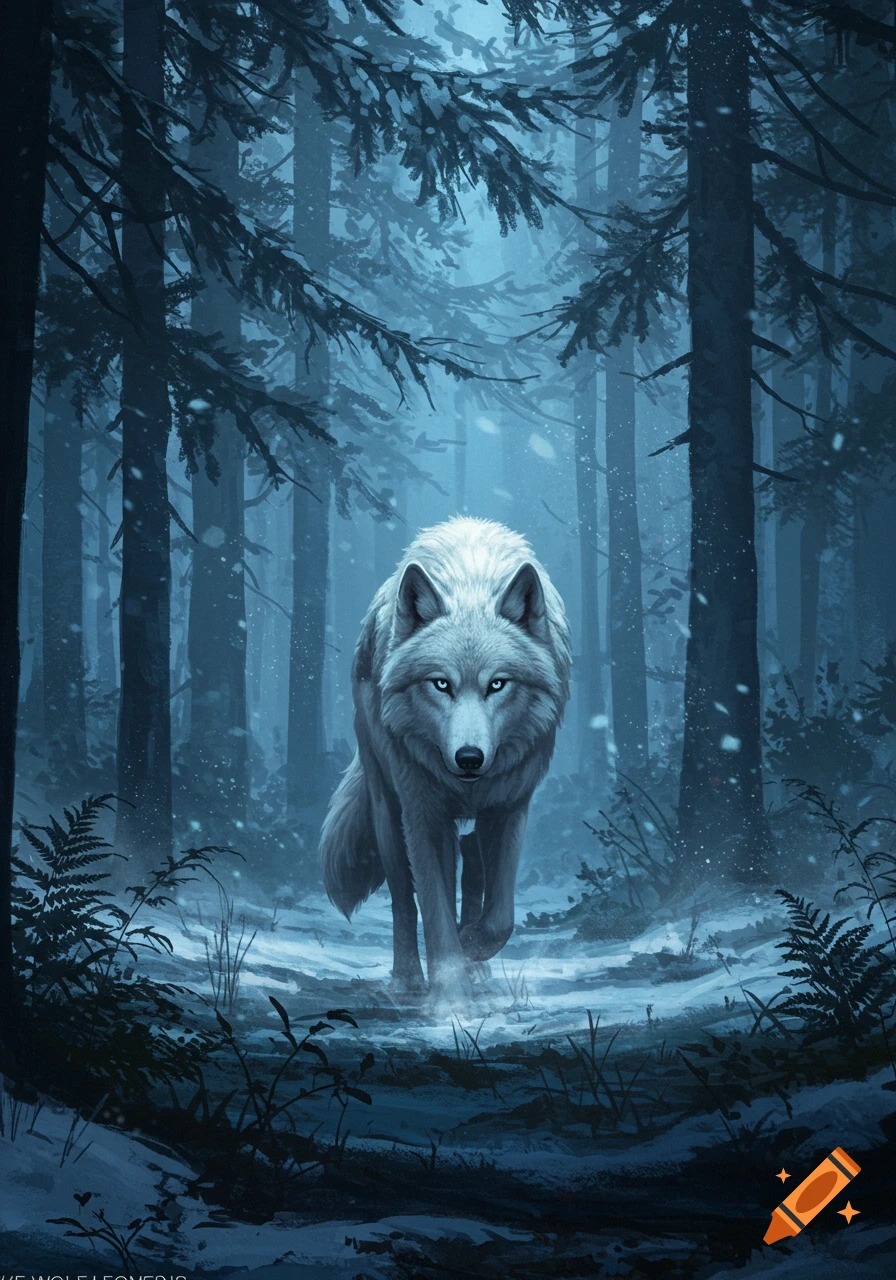 A majestic white wolf with piercing blue eyes walks through a dark, snow-covered forest during a snowfall, rendered in a stylistic art form.
