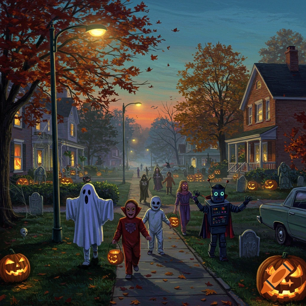 Children in various costumes like a ghost, vampire, and robot trick-or-treat down a spooky, autumn-leaf-covered sidewalk at dusk in a suburban neighborhood filled with glowing jack-o'-lanterns.