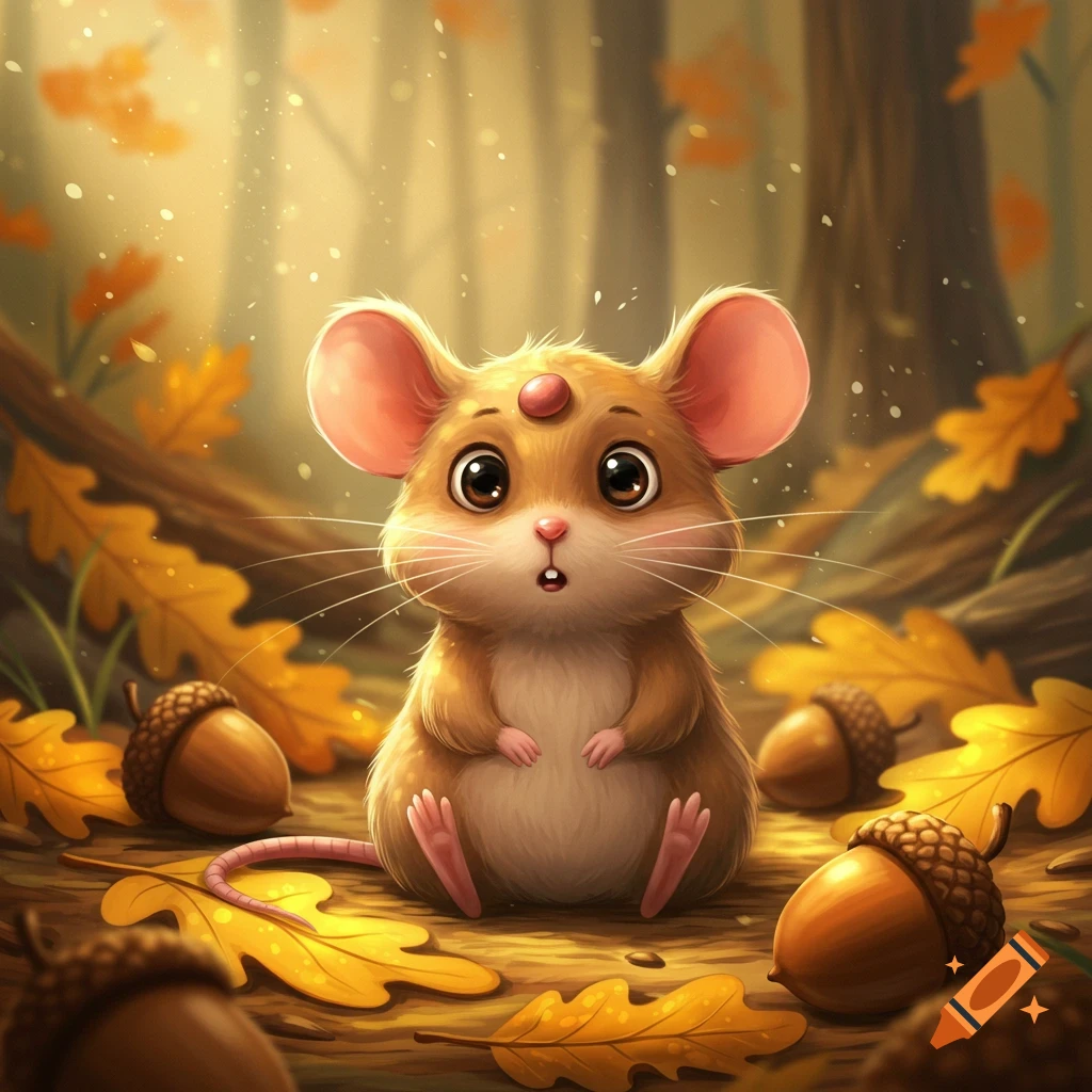 A cute cartoon mouse with a red bump on its head sits amongst fallen autumn leaves and acorns in a sunlit forest.