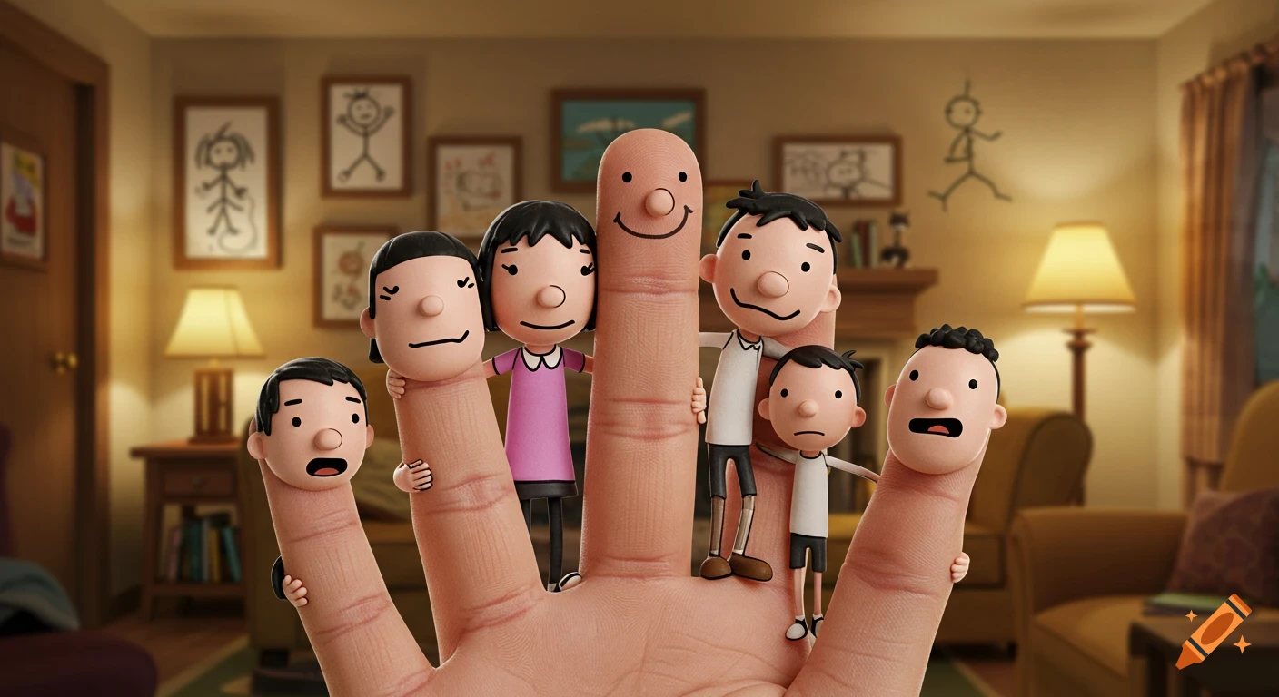 3D animation of the Diary of a Wimpy Kid characters (Greg, Rodrick, Manny, Frank, Susan) as finger puppets on a hand in a living room.