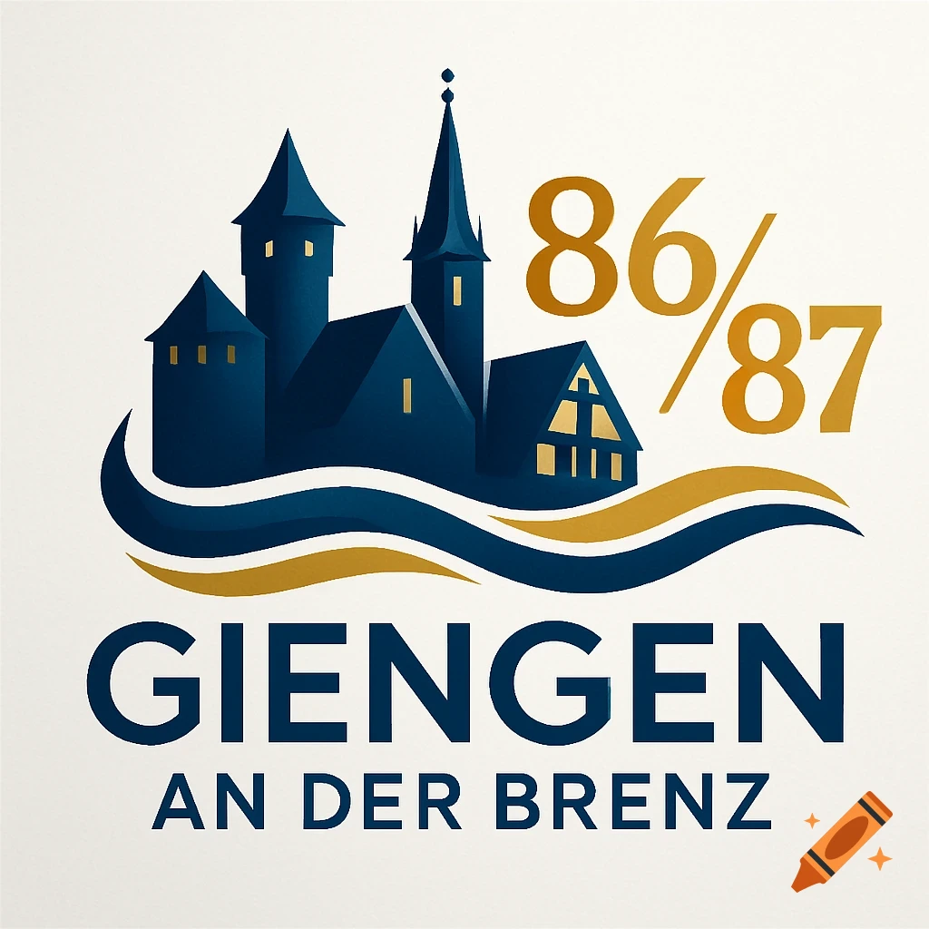 A blue and gold logo for Giengen an der Brenz with a stylized castle, waves, and the numbers 86/87.