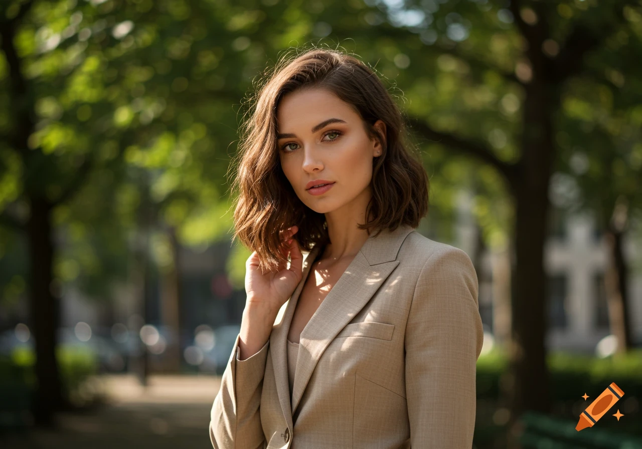 A photorealistic portrait of a young woman with brown hair and green eyes, wearing a beige pantsuit, standing outdoors among green trees.