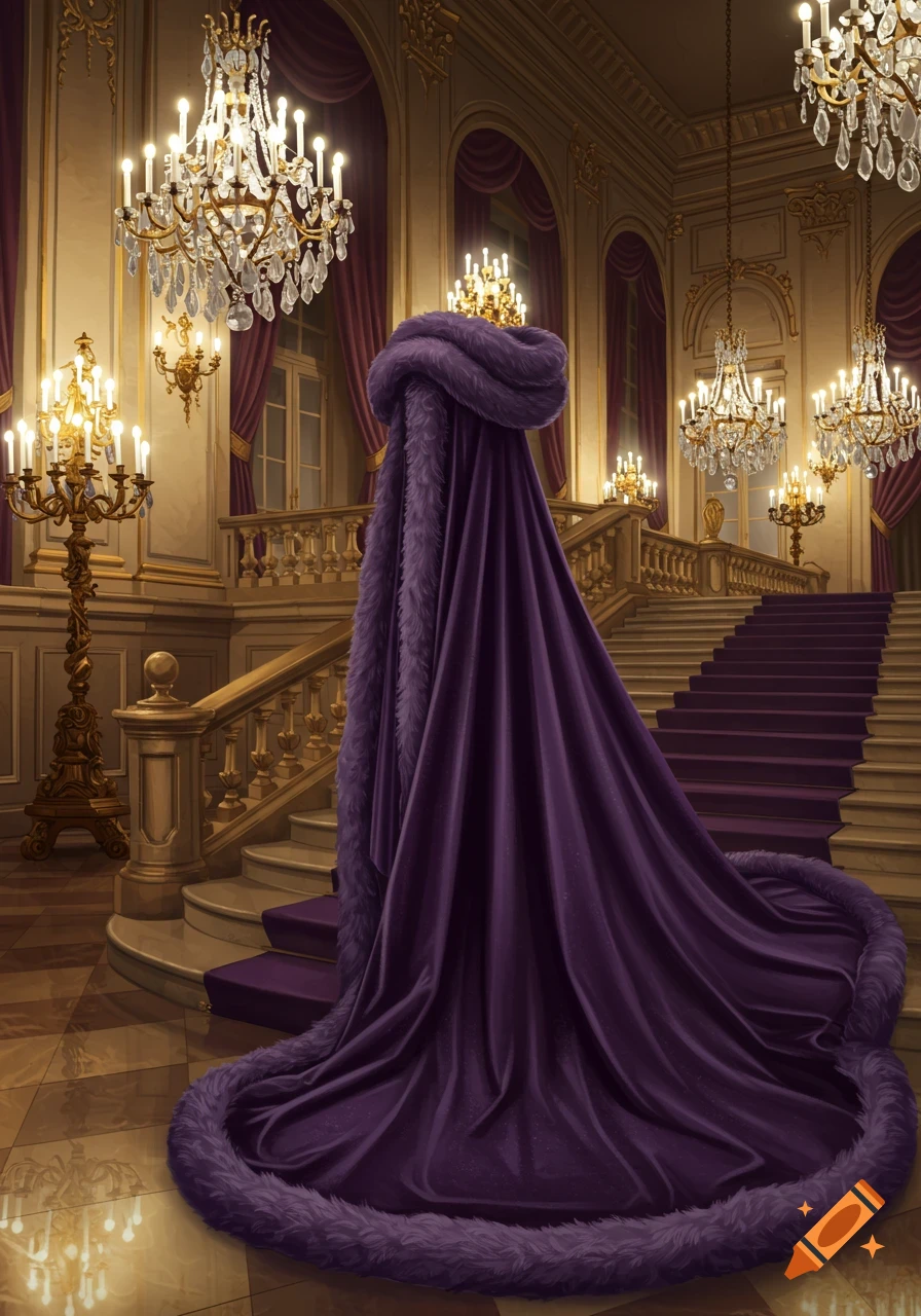 A lavish purple, fur-trimmed gown stands in an opulent hall with crystal chandeliers and a grand staircase.