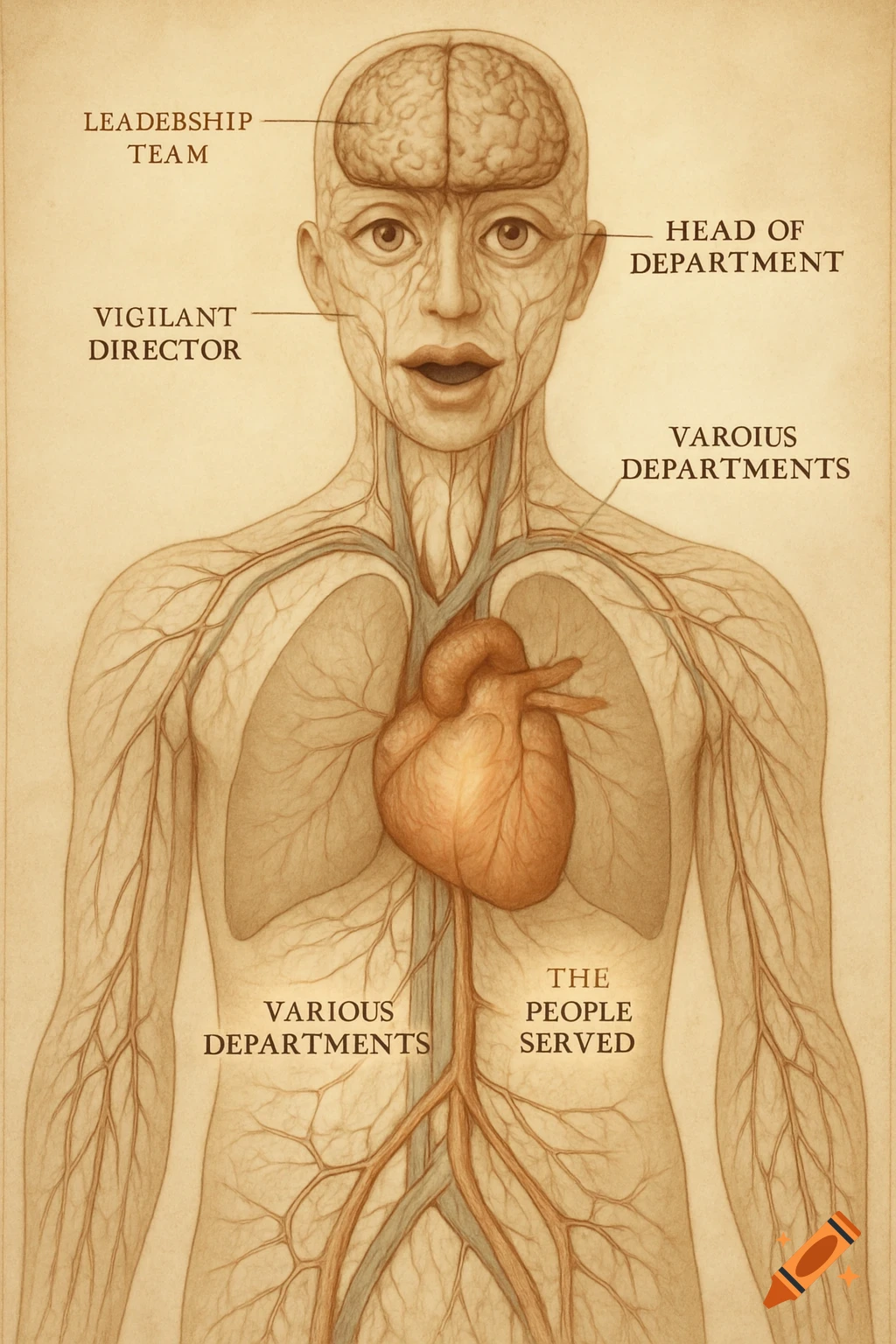 An antique-style anatomical diagram of a human torso with labels connecting body parts to organizational roles like 'LEADEBSHIP TEAM' for the brain, 'HEAD OF DEPARTMENT' for the head, 'THE PEOPLE SERVED' for the heart, and 'VAROIOUS DEPARTMENTS' for the circulatory system.