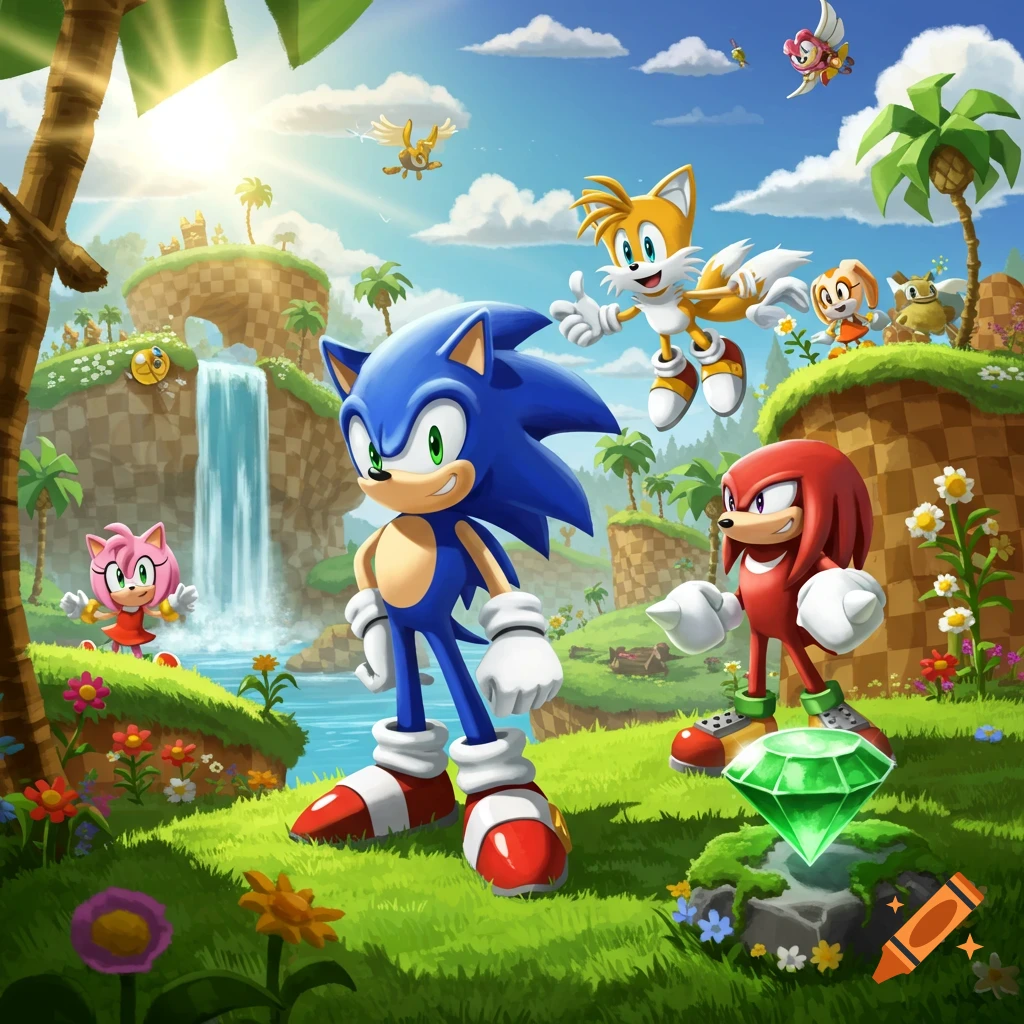 Sonic, Tails, Knuckles, Amy, and Cream in a vibrant, sunny Green Hill Zone-like landscape with waterfalls and checkboard hills.