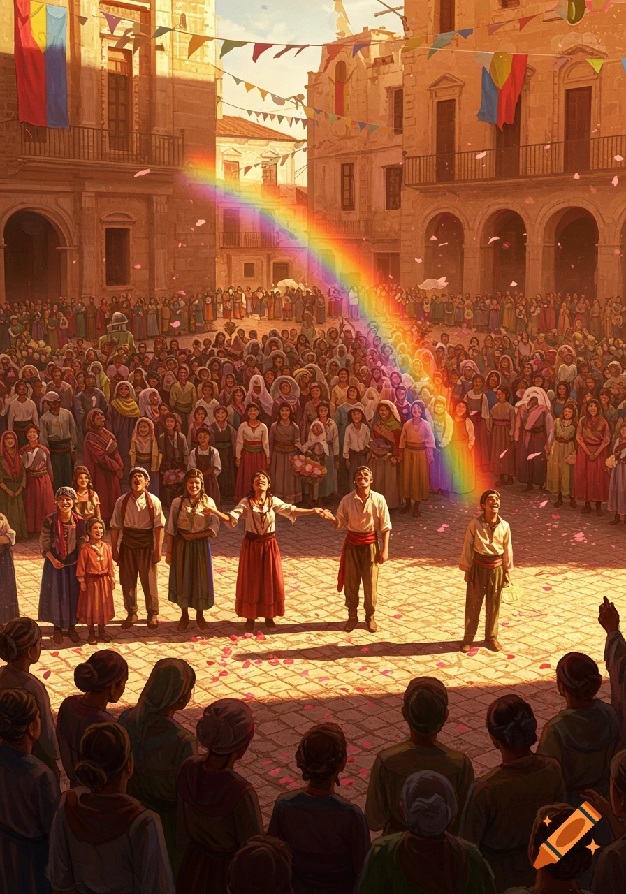 A bustling crowd in a sunlit town square celebrates under a vibrant rainbow, with people in traditional attire looking up.