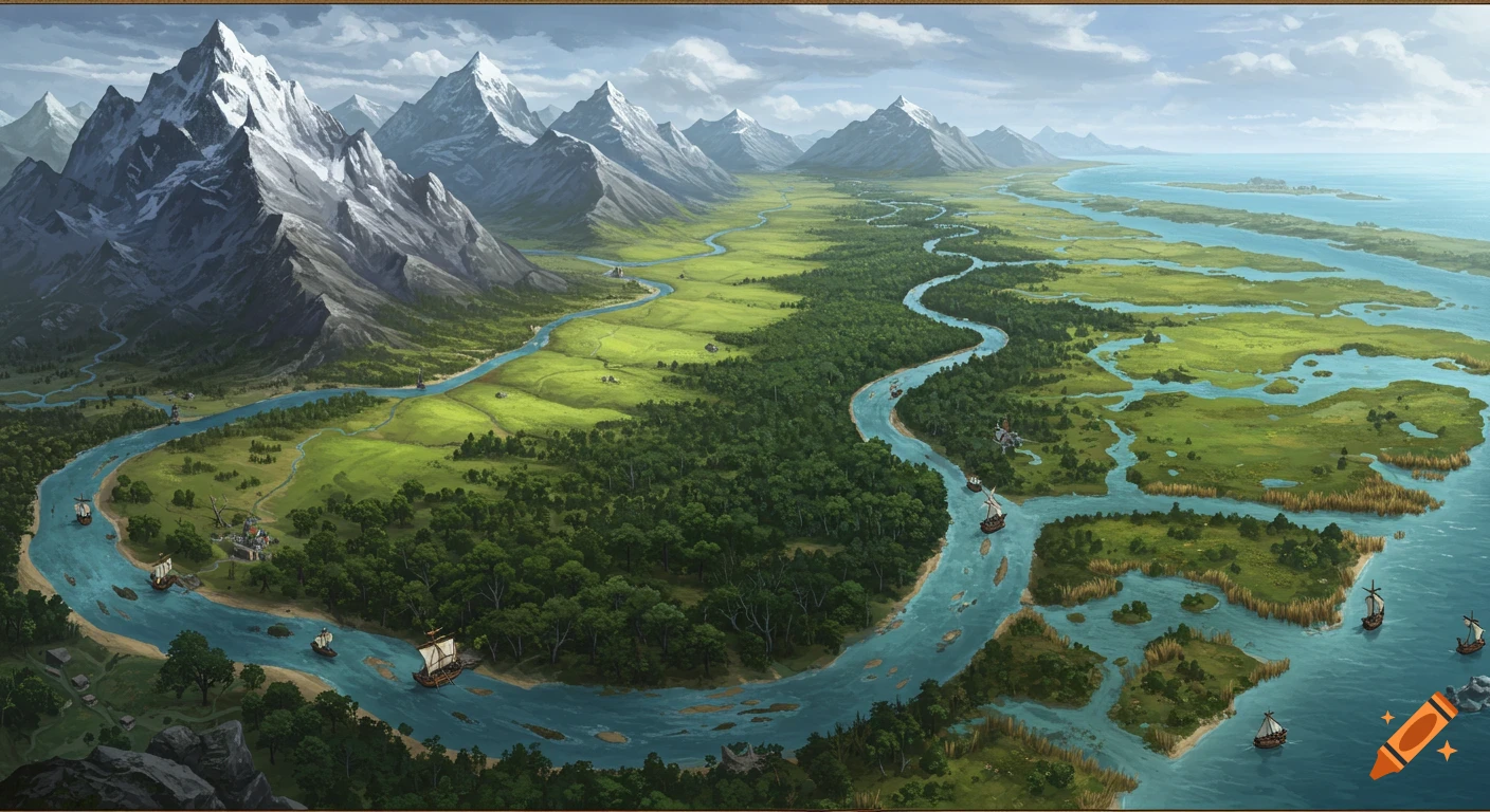 Panoramic fantasy campaign map showing snow-capped mountains, a winding river, forests, swamps, and an ocean coast with ships.