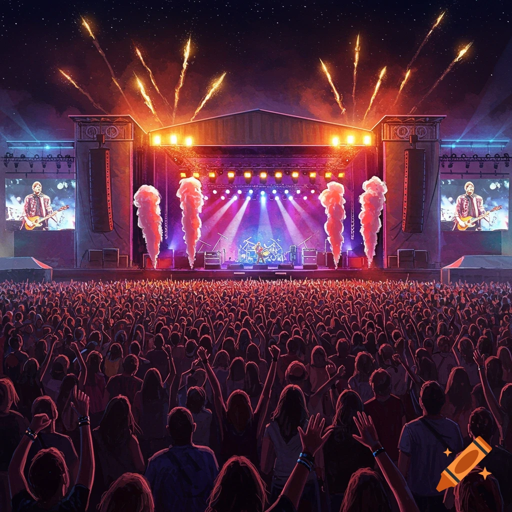 A vibrant rock music festival at night with a band performing on a brightly lit stage, fireworks, and a large crowd raising their hands.