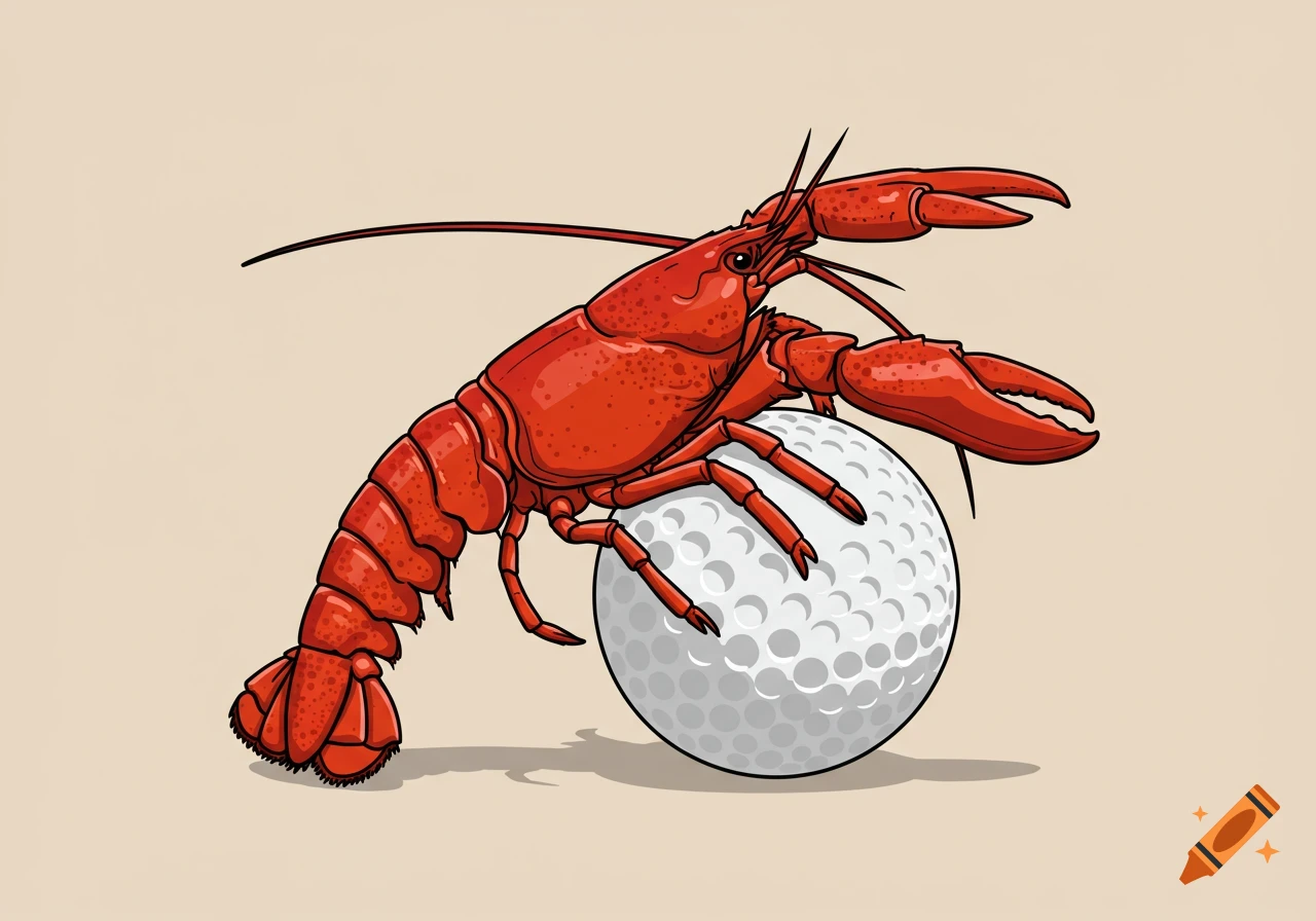 A red lobster with bold black outlines rests on a white golf ball, vector illustration.