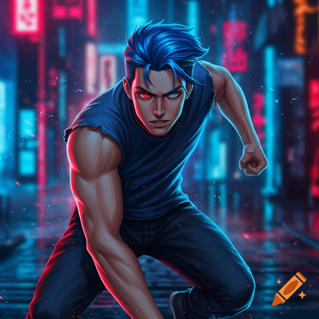 Anime-style man with blue hair and heterochromatic eyes crouches in a dynamic pose against a neon-lit urban background.