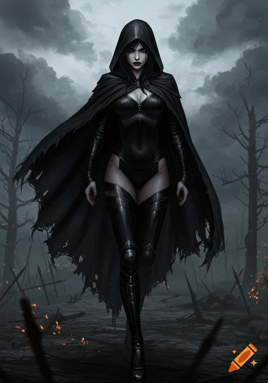 A dark fantasy digital painting of a female warrior in a black hooded cloak and armor, standing in a desolate, misty battlefield.