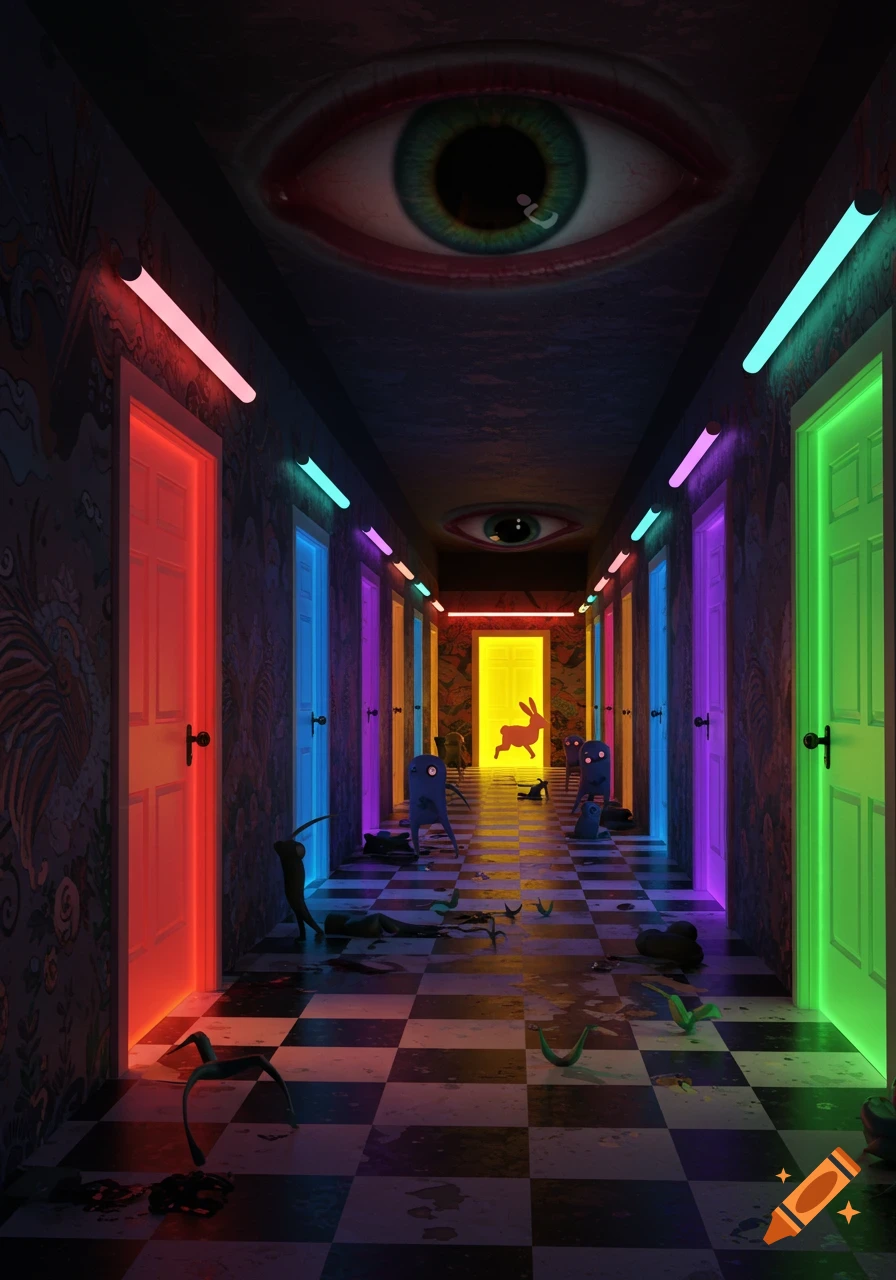A dark, surreal hallway with a checkered floor, glowing colorful doors, an eye on the ceiling, and a rabbit running towards a bright yellow door.