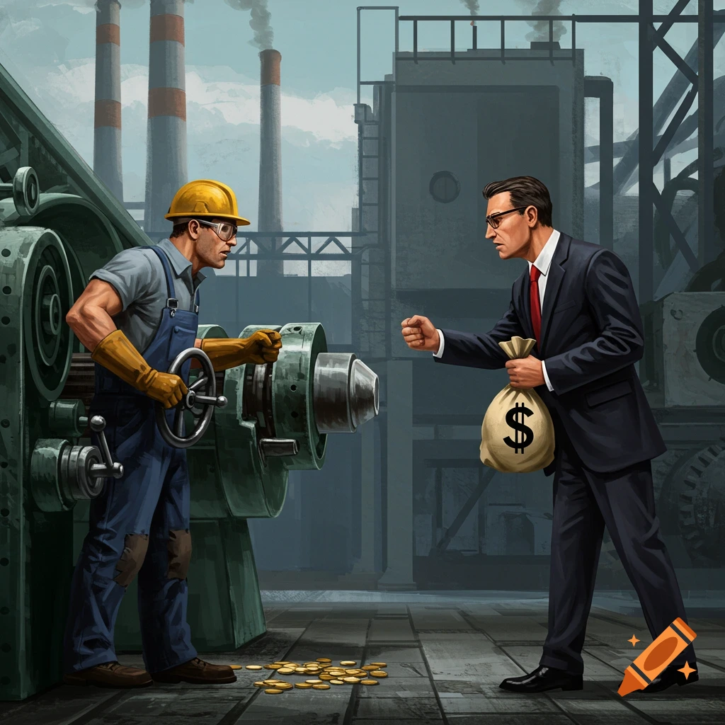 An illustration of a factory worker and a businessman with a money bag, depicting labor and capital in an industrial setting.