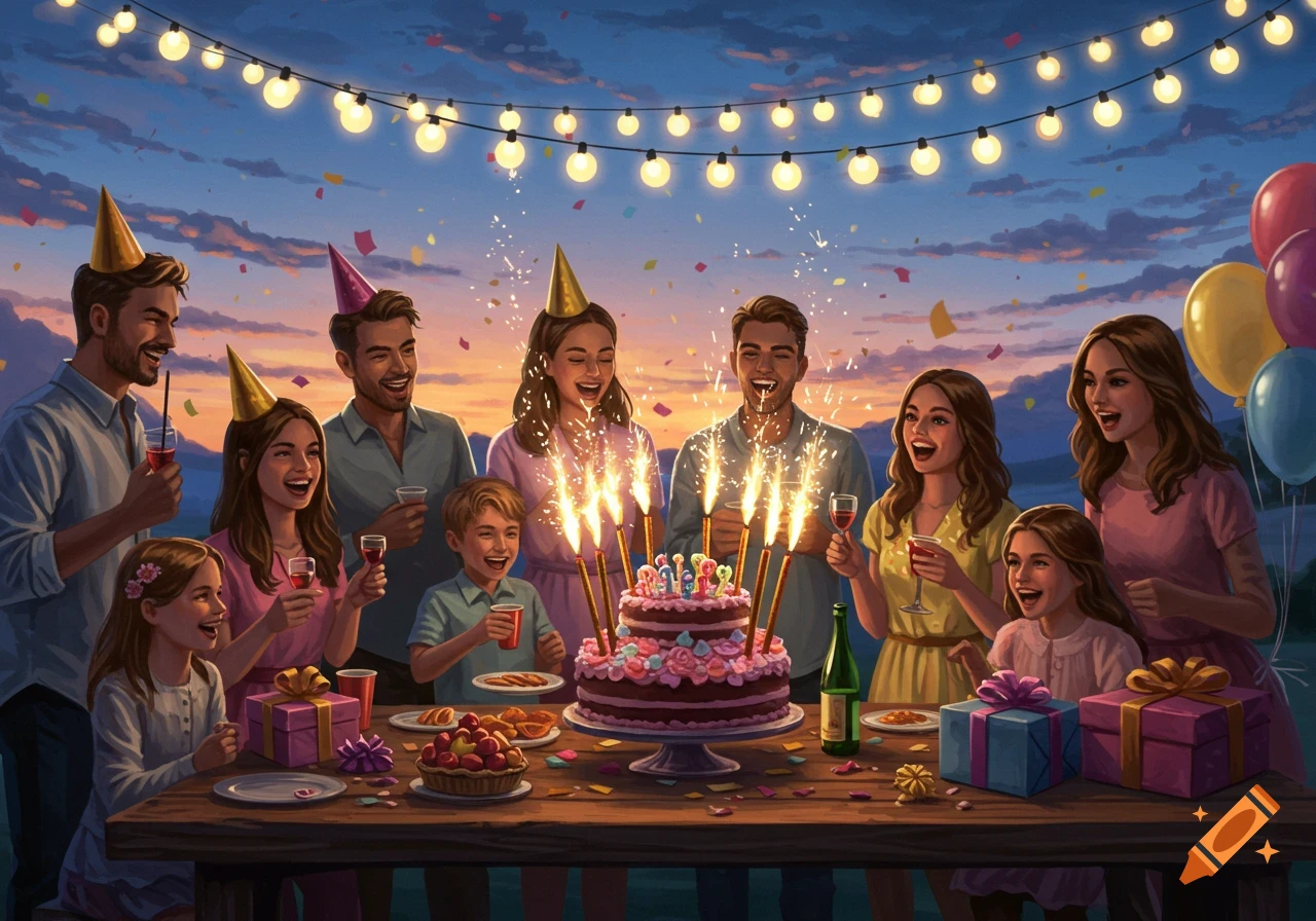 A joyful birthday party scene outdoors at dusk, with smiling adults and children gathered around a cake with sparklers and gifts.