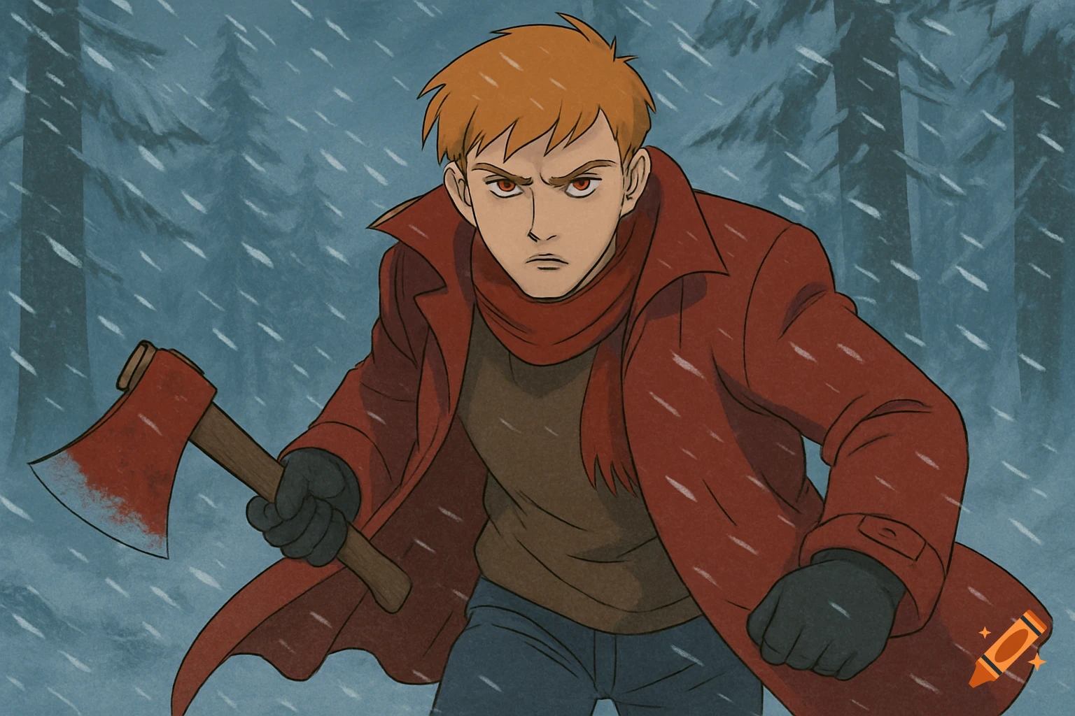 A red-eyed, orange-haired man in a red coat and scarf holds a bloody axe in a snowy forest, styled as 1990s anime.