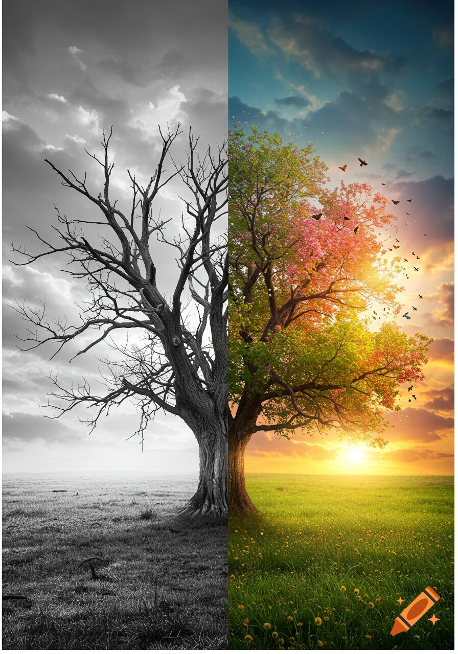 A tree is split vertically, showing a dead, bare, black and white left side and a vibrant, colorful right side with green leaves, pink blossoms, and flying birds.
