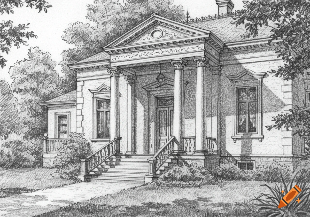 A detailed black and white pencil drawing of a grand house with a large front porch featuring four tall pillars and a wide staircase, surrounded by trees.
