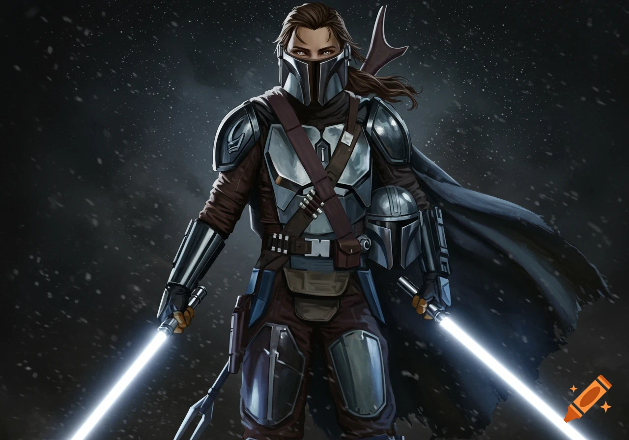A fierce Mandalorian character with brown hair and golden eyes stands against a snowy background, holding two white lightsabers.