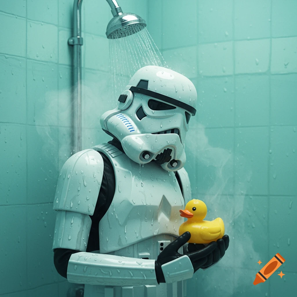 A fully armored Stormtrooper stands in a shower, water streaming down their helmet and armor, holding a small yellow rubber ducky.
