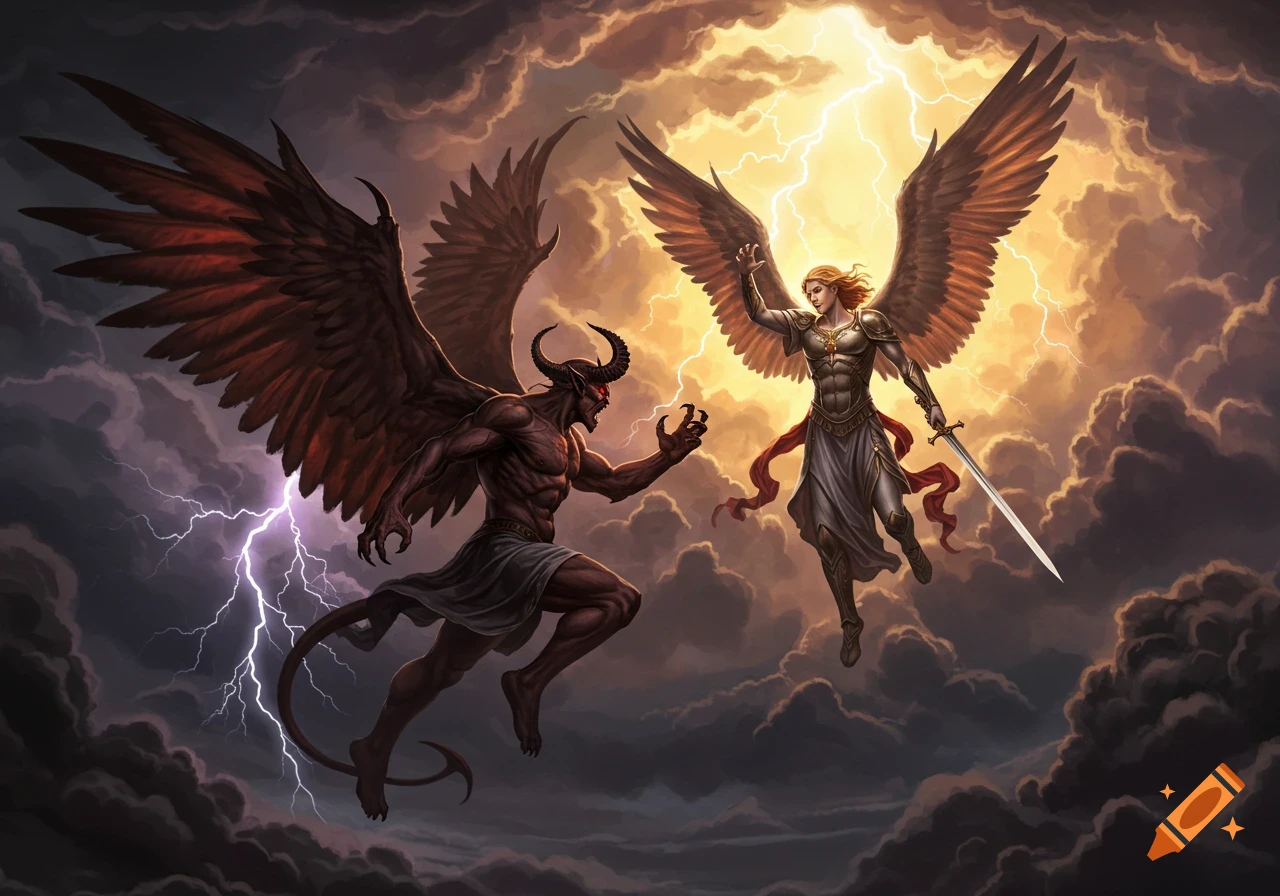 A powerful angel battles a horned demon amidst a stormy sky filled with lightning. Detailed fantasy art.