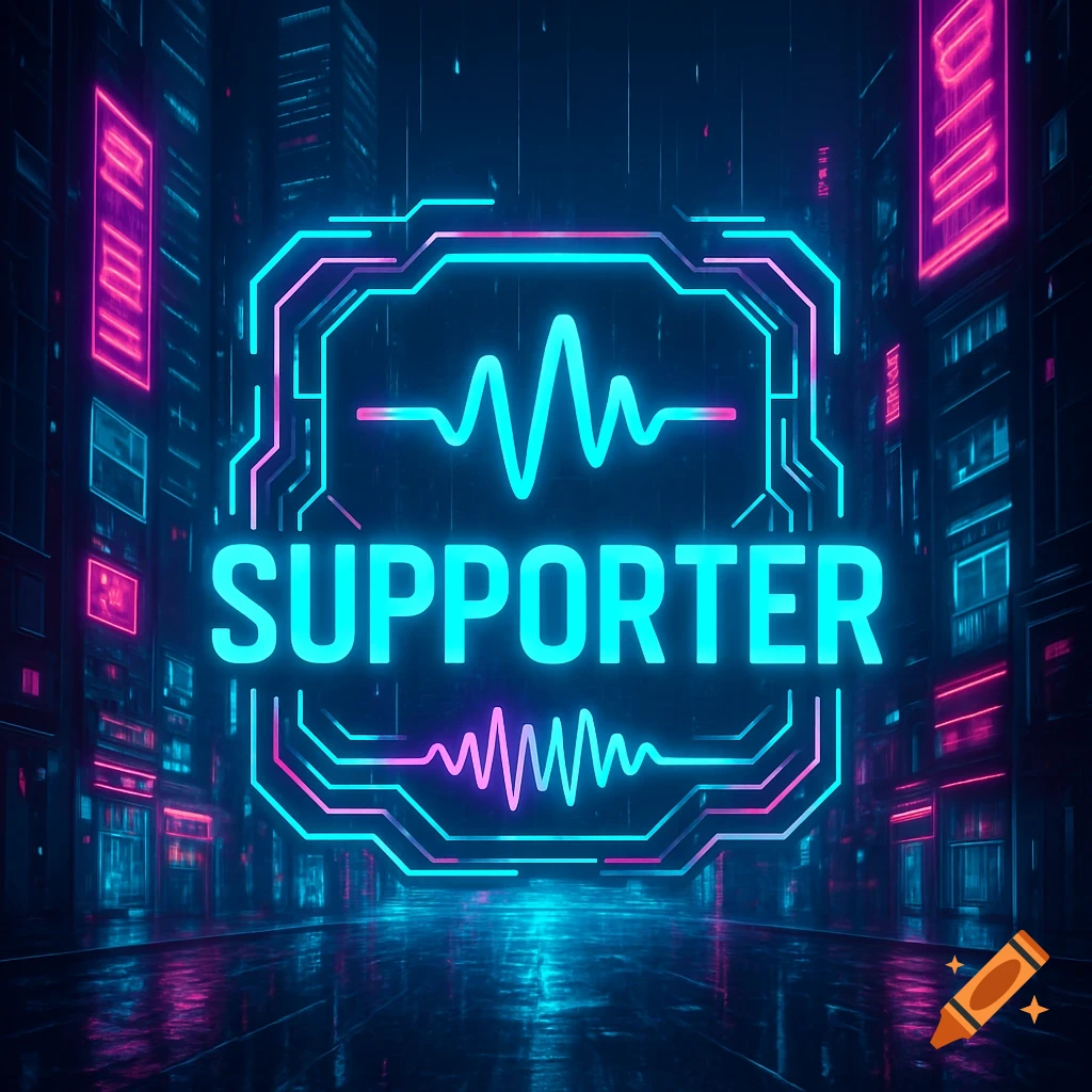 A bright neon sign displays the word 'SUPPORTER' in a futuristic cyberpunk city with glowing buildings and reflections.